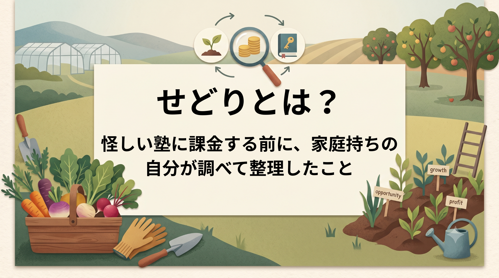 朝の光が差し込む窓辺で外を眺めるビジネスマンと、鉢植えの新芽を描いたペーパークラフト風イラスト