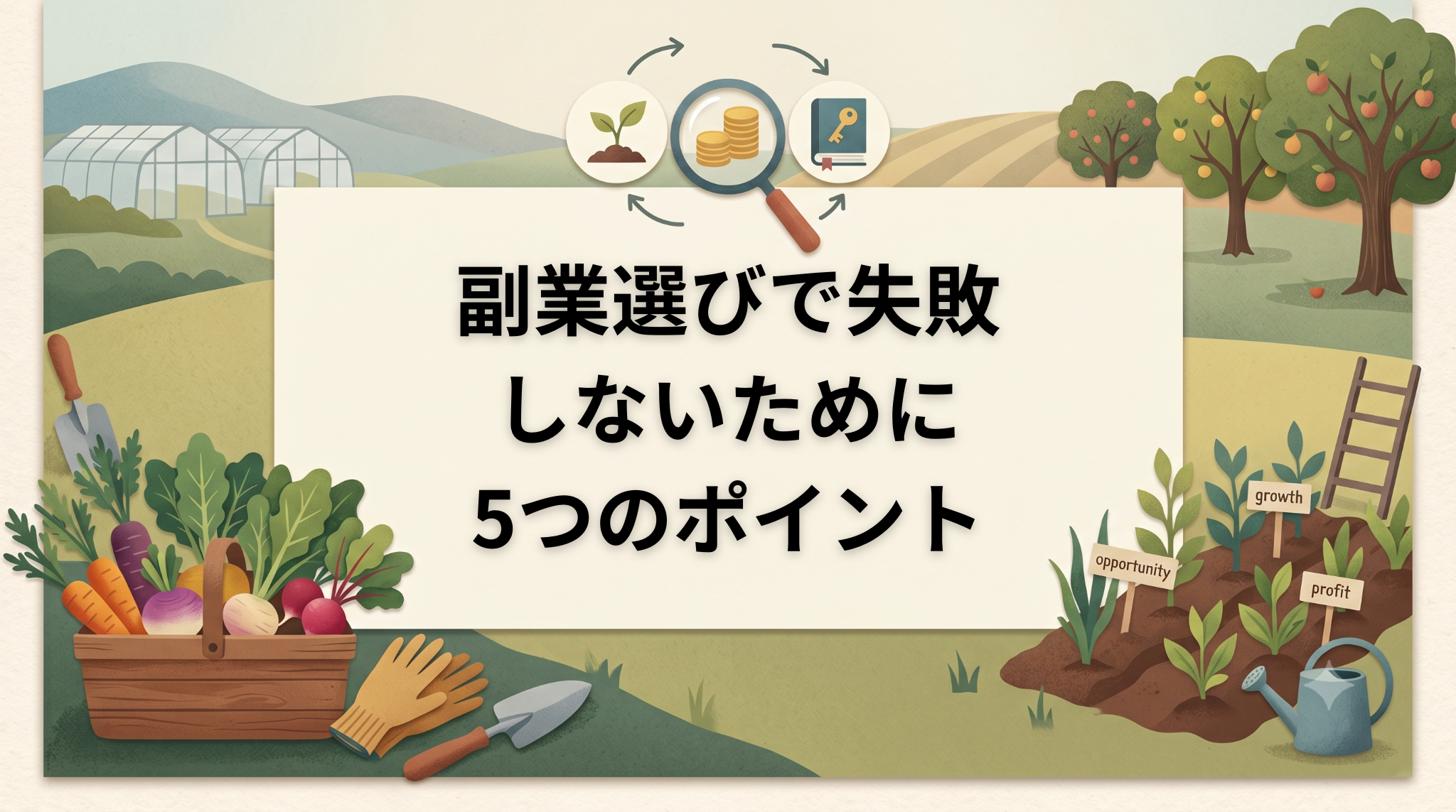 自分に合った副業の探し方・選び方を農園の成長サイクルで表現したアイキャッチ画像