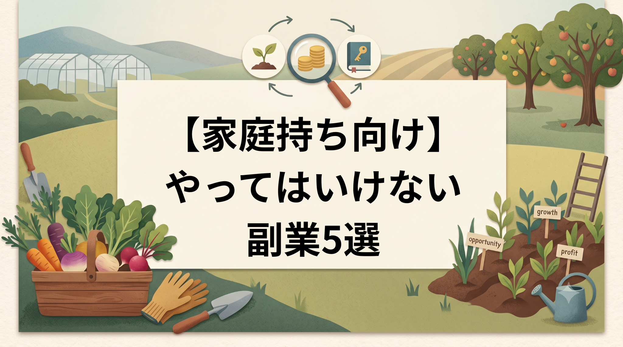 【家庭持ち向け】やってはいけない副業5選と書かれたアイキャッチ画像。農園の畑と野菜のかごを背景に、虫眼鏡とコインのイラスト